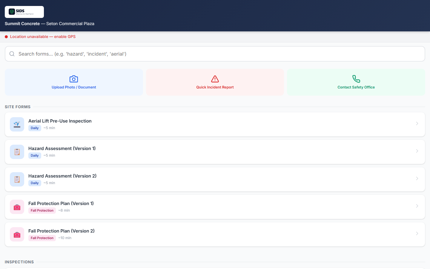 SIDS worker app — form list